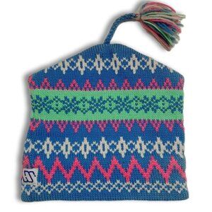 Retro 80's MURRAY MERKLEY 100% Wool Intarsia Geo Pattern Knit Beanie Hat Pom-Pom